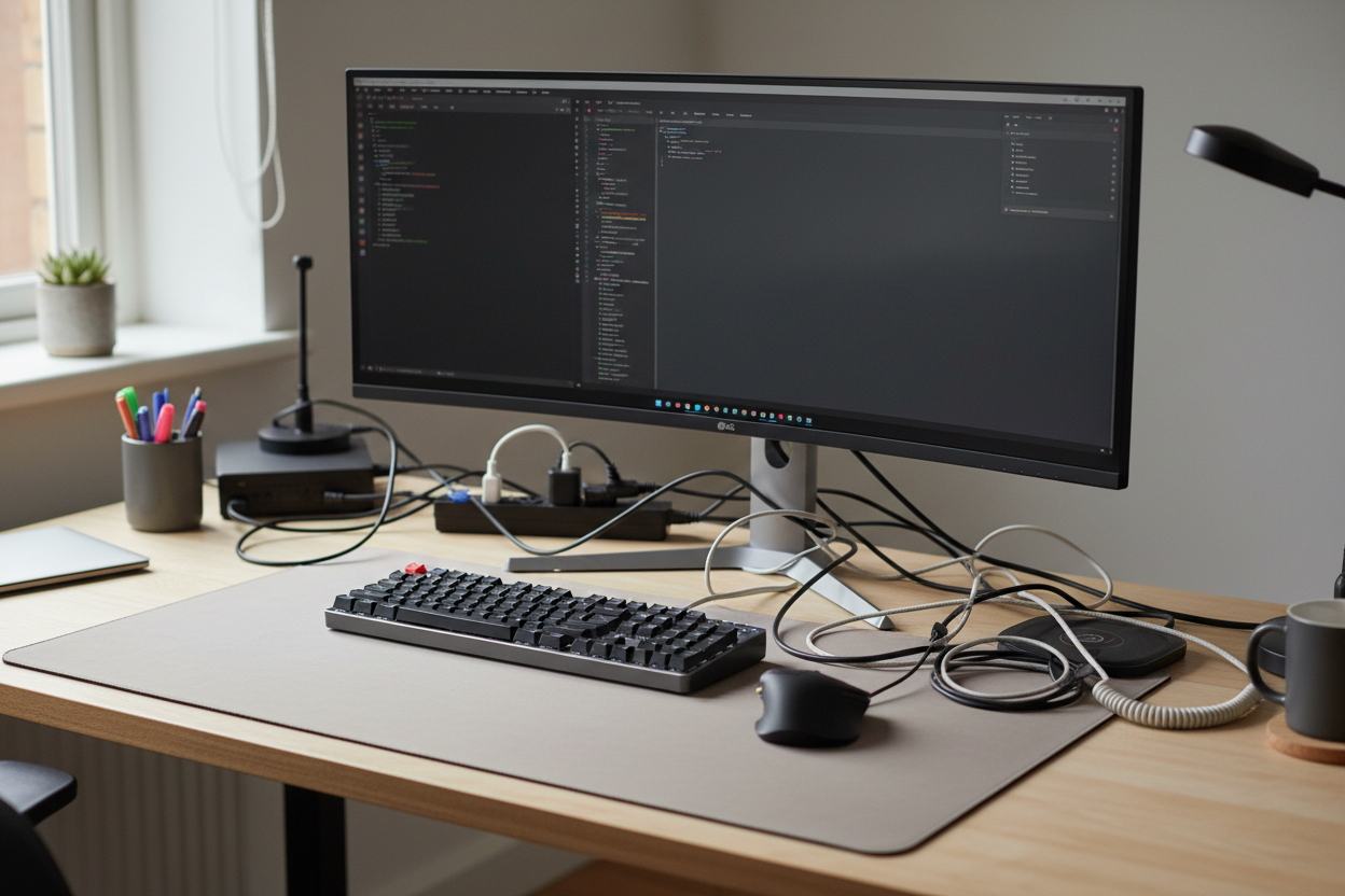 Bitte ein Bild von einem Schreibtisch der voller ungeordneter Kabel ist, aber bitte nicht übertreiben, also das der komplette Tisch nur mit Kabel voll ist. Nur so ein bisschen. Weil ich verkaufe ja ein Produkt, das ein Kabelclip ist